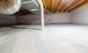 Renoverad krypgrund med vit plastduk och synliga ventilationsrör.
