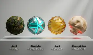 En jordklump med mossa, en metallisk sfär med blått ljus, en guldig, virvlande vätska och en champinjon. De representerar olika lukter, som hur luktar fuktskada.