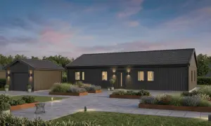 Modernt mörkt enfamiljshus med garage. Vacker trädgård med rabatter. En bra start för att planera bygga villa kostnad.