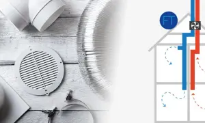 Delar för att installera frånluftsventil: ventilationsrör, ventilationsgaller och en schematisk bild av ett hus med ventilationssystem.