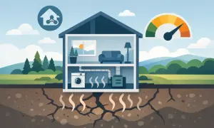 Illustration av ett hus med värmepump och tvättmaskin. Värme stiger från marken genom sprickor, vilket indikerar effektiv s ventilation.