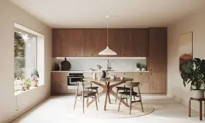 Modernt kök med trädetaljer och runt matbord. En stor fönster ger ljusinsläpp. Tall fakta om designen.