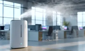 Luftfuktare avger ånga i ett modernt kontorslandskap, vilket bidrar till bättre ventilation sovrum och arbetsplatser.
