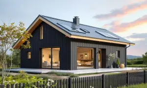 Modernt mörkt hus med stora fönster och altan. Drömmer du om att bygga hus? Undrar du vad kostar det att bygga hus per kvm?
