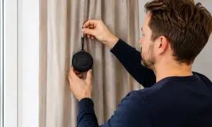 Man fäster en rund, svart enhet på en gardin. Denna enhet kan vara en del av ett smart hem-system, och dess funktion kan vara att automatisera gardinerna.