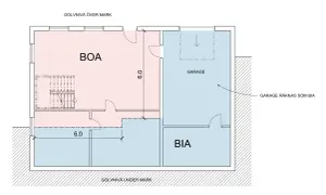Planritning visar en bostadsyta (BOA) och en biyta (BIA) med garage.