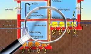 Ventilationsritning exempel som visar hur radon och fukt ventileras bort från ett hus.