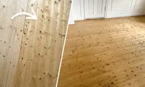 Före och efter-bild på ett trägolv som fått ny fernissa. En vit pil visar riktningen på förbättringen.