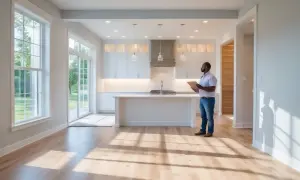 Man granskar ett modernt kök med köksö och skafferi. Han funderar på vad kostar det att renovera ett hus.