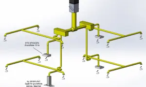 3D-modell av ett ventilationssystem med gula rör och utkastare. Visar mekanisk frånluft för köksfläktar och en ny spisfläkt.