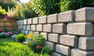 En mur av natursten som ramar in en blomstrande trädgård. Stenarna ger en stabil och vacker grund för rabatterna.