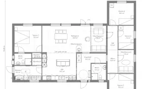 Planritning av ett vinkel hus med flera rum, kök, badrum och klädvård.