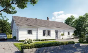 Ett modernt vitt enplanshus med grå takpannor, en bil parkerad på uppfarten och en uteplats. Drömmer du om ett liknande hus? Undrar du vad kostar en arkitekt?