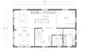Plan i hus med kök, vardagsrum, sovrum, hall, WC/D och klädvård. Mått angivna.