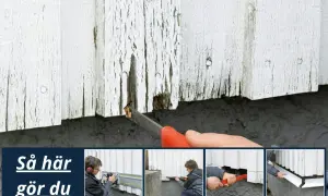 Montering av dropplist fasad. Bilden visar steg för steg hur man installerar en dropplist för att skydda fasaden.