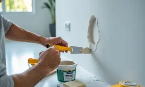 Person använder en spackel för att ta bort spackel från ett hål i väggen.