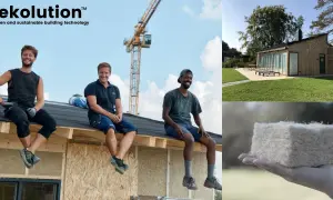Byggnadsarbetare på taket av ett hus under uppbyggnad, med en kran i bakgrunden. En bild visar ett modernt trähus, och en annan visar ett block av hampa material som hålls i handen.