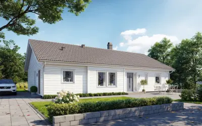 Ett modernt vitt enplanshus med grå takpannor, en bil parkerad på uppfarten och en uteplats. Drömmer du om ett liknande hus? Undrar du vad kostar en arkitekt?