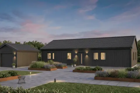 Modernt mörkt enfamiljshus med garage. Vacker trädgård med rabatter. En bra start för att planera bygga villa kostnad.