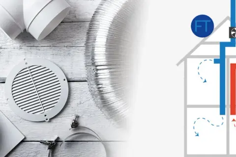 Delar för att installera frånluftsventil: ventilationsrör, ventilationsgaller och en schematisk bild av ett hus med ventilationssystem.