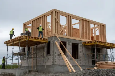 Byggare i reflexvästar arbetar på ett hus under uppbyggnad. Träkonstruktionen reses på en grund av betongblock.