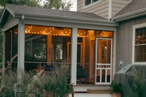 Mysig veranda med ljusslingor, perfekt för att bygga ut huset och njuta av sommarkvällar.