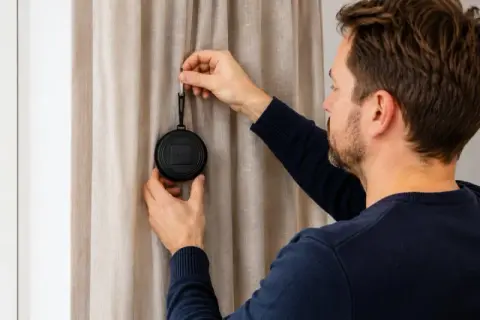 Man fäster en rund, svart enhet på en gardin. Denna enhet kan vara en del av ett smart hem-system, och dess funktion kan vara att automatisera gardinerna.