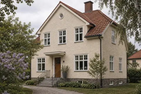 Vacker sekelskifteshus fasad med tegeltak och många fönster, omgiven av lila syren och gröna träd.