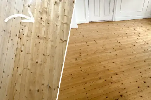 Före och efter-bild på ett trägolv som fått ny fernissa. En vit pil visar riktningen på förbättringen.