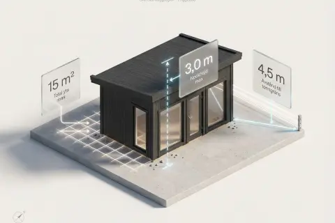 En illustration visar en friggebod med mått för att bygga ut stuga: max 15 m² total yta, 3 m nockhöjd och 4,5 m till tomtgräns.