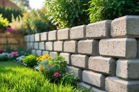 En mur av natursten som ramar in en blomstrande trädgård. Stenarna ger en stabil och vacker grund för rabatterna.