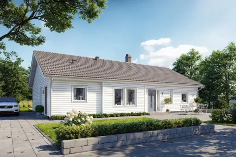 Ett modernt vitt enplanshus med grå takpannor, en bil parkerad på uppfarten och en uteplats. Drömmer du om ett liknande hus? Undrar du vad kostar en arkitekt?