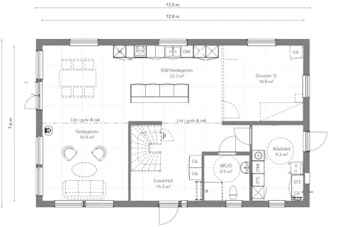Plan i hus med kök, vardagsrum, sovrum, hall, WC/D och klädvård. Mått angivna.