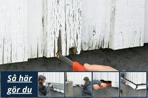 Montering av dropplist fasad. Bilden visar steg för steg hur man installerar en dropplist för att skydda fasaden.