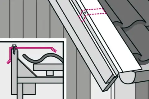 Detaljerad illustration visar hur man byter vindskivor. En närbild visar fästmetoden med skruv och en rosa linje som markerar monteringen.