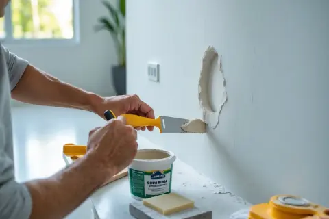 Person använder en spackel för att ta bort spackel från ett hål i väggen.