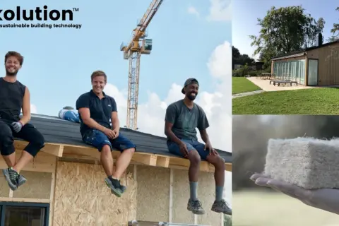 Byggnadsarbetare på taket av ett hus under uppbyggnad, med en kran i bakgrunden. En bild visar ett modernt trähus, och en annan visar ett block av hampa material som hålls i handen.