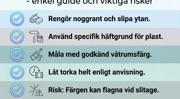Checklista för att måla plastmatta i badrum. Steg: rengör, använd häftgrund, måla med våtrumsfärg, låt torka. Risker: färgflagning, tätskikt påverkas.