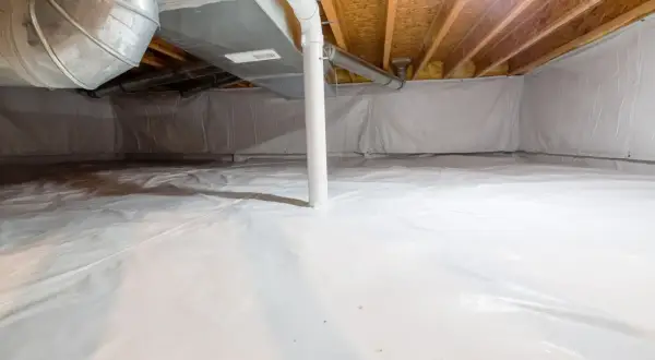 Renoverad krypgrund med vit plastduk och synliga ventilationsrör.