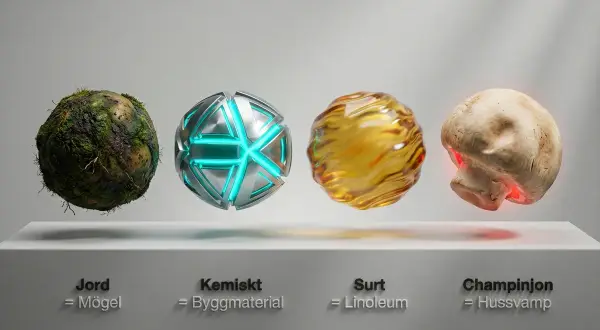En jordklump med mossa, en metallisk sfär med blått ljus, en guldig, virvlande vätska och en champinjon. De representerar olika lukter, som hur luktar fuktskada.
