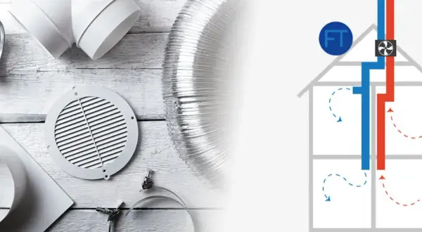 Delar för att installera frånluftsventil: ventilationsrör, ventilationsgaller och en schematisk bild av ett hus med ventilationssystem.