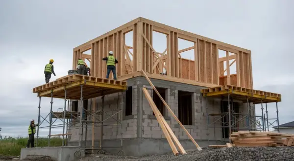 Byggare i reflexvästar arbetar på ett hus under uppbyggnad. Träkonstruktionen reses på en grund av betongblock.