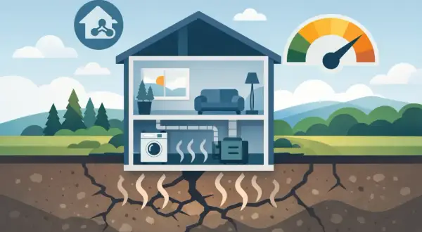 Illustration av ett hus med värmepump och tvättmaskin. Värme stiger från marken genom sprickor, vilket indikerar effektiv s ventilation.