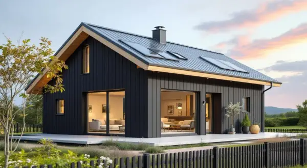 Modernt mörkt hus med stora fönster och altan. Drömmer du om att bygga hus? Undrar du vad kostar det att bygga hus per kvm?