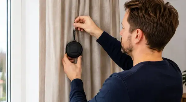 Man fäster en rund, svart enhet på en gardin. Denna enhet kan vara en del av ett smart hem-system, och dess funktion kan vara att automatisera gardinerna.