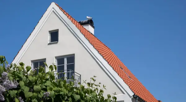 Vitt hus med tegeltak och en mås på skorstenen. En balkong syns, och syrenbuskar blommar framför. Huset ser ut att behöva laga puts.