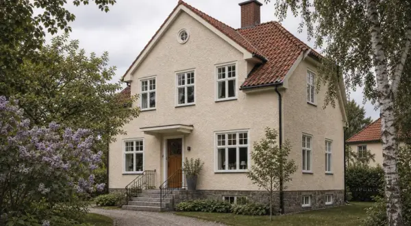 Vacker sekelskifteshus fasad med tegeltak och många fönster, omgiven av lila syren och gröna träd.