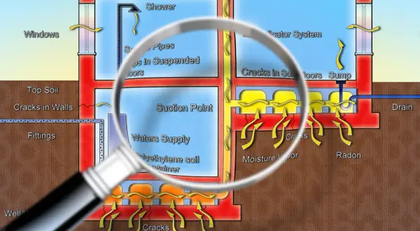 Ventilationsritning exempel som visar hur radon och fukt ventileras bort från ett hus.