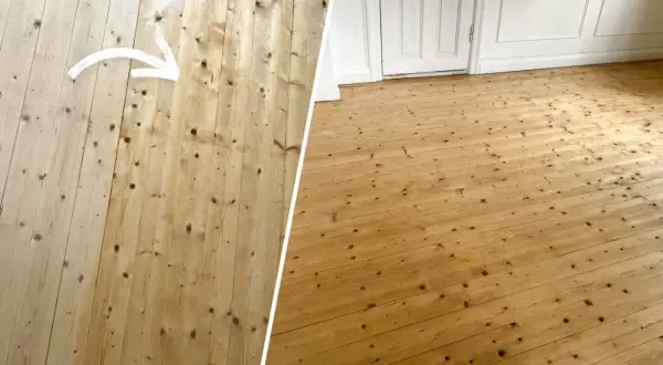 Före och efter-bild på ett trägolv som fått ny fernissa. En vit pil visar riktningen på förbättringen.