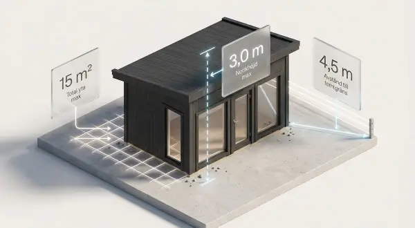 En illustration visar en friggebod med mått för att bygga ut stuga: max 15 m² total yta, 3 m nockhöjd och 4,5 m till tomtgräns.